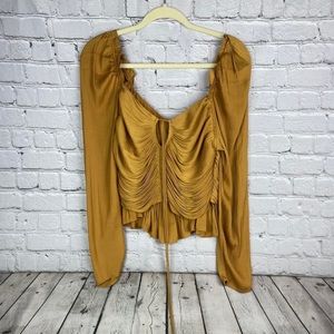 House of Harlow 1960 Gold Silky Long Sleeve Ruched Cropped Top Size Medium NWT